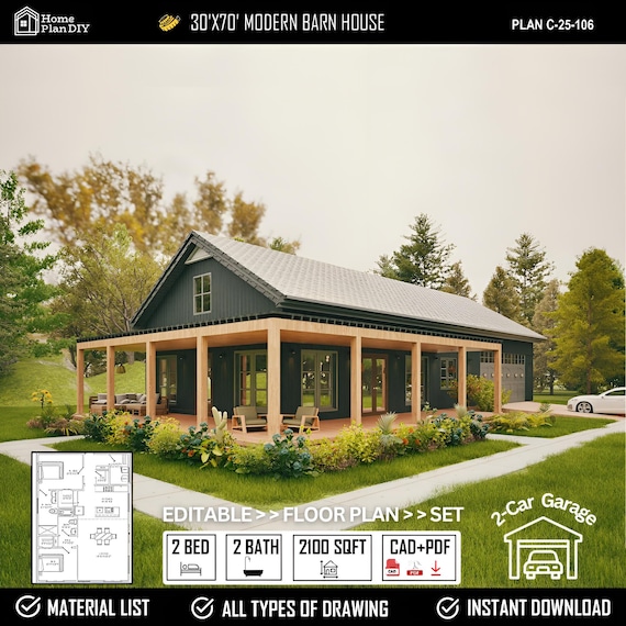 Modern Barndominium Plans 2100 sqft | 2 Bed Farmhouse with 2-Car Garage (Digital Download)