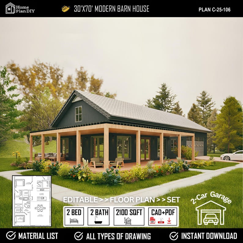 May include: A modern barn house plan with a dark exterior, a covered porch, and a two-car garage. The image includes the text "30'X70' MODERN BARN HOUSE" and details about the floor plan, including 2 bedrooms, 2 bathrooms, and 2100 sq ft.