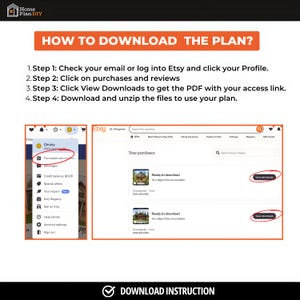 May include: An instructional graphic titled HOW TO DOWNLOAD THE PLAN? with four numbered steps. It includes two screenshots of the Etsy website interface showing the profile menu and the purchases page with red circles highlighting navigation buttons.