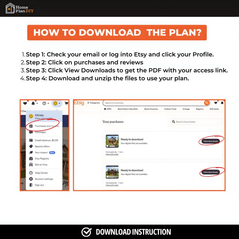 May include: An instructional graphic titled HOW TO DOWNLOAD THE PLAN? with four numbered steps. It includes two screenshots of the Etsy website interface showing the profile menu and the purchases page with red circles highlighting navigation buttons.