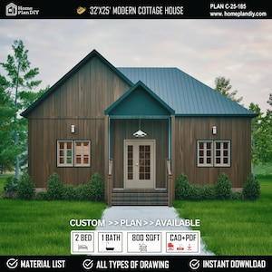 800 Sqft Modern Cottage Plans: 2 Bed, 1 Bath (Digital Download)