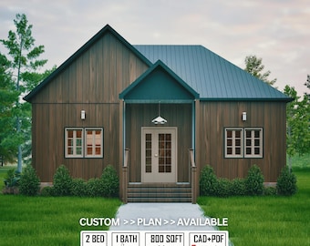 May include: A modern cottage house plan with a brown wooden exterior, a blue roof, and a small porch. The house is 32' x 25' and includes 2 bedrooms, 1 bath, and 800 sq ft. Text on the image says "CUSTOM >> PLAN >> AVAILABLE".