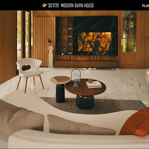 May include: Interior design rendering of a modern barn house. The living room features a white sofa with decorative pillows, a white chair, and two round coffee tables. A large TV is mounted on a dark wall with built-in shelves. The floor is marble.