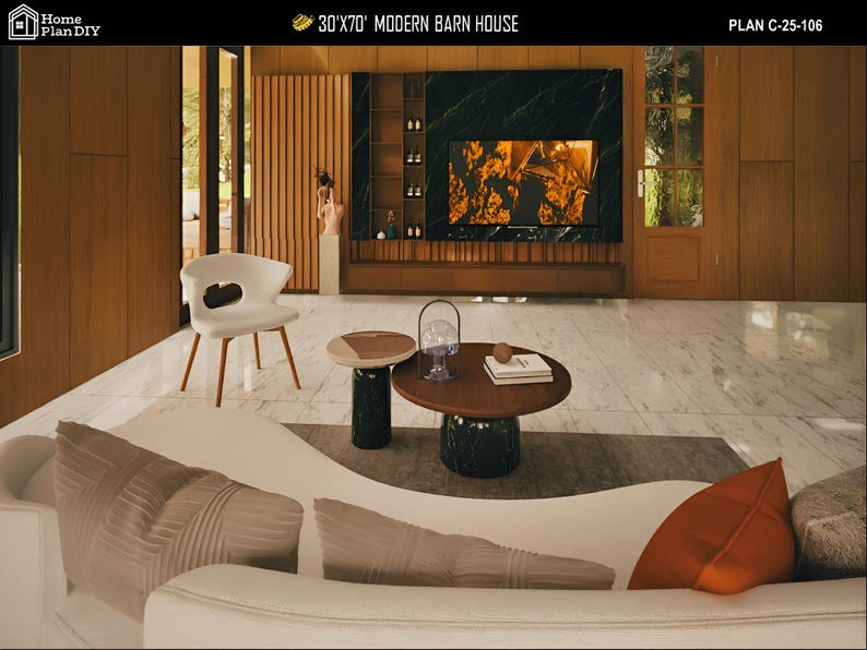 May include: Interior design rendering of a modern barn house. The living room features a white sofa with decorative pillows, a white chair, and two round coffee tables. A large TV is mounted on a dark wall with built-in shelves. The floor is marble.