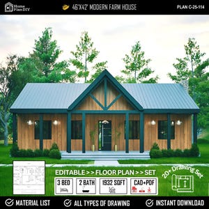 Op de afbeelding: Een modern boerderijplan met een lichtblauw metalen dak, houten gevelbekleding en donkergroene afwerking. Het huis is 14,02 m x 12,80 m groot en bevat een plattegrond met 3 slaapkamers, 2 badkamers en 179,5 m². Direct downloaden.