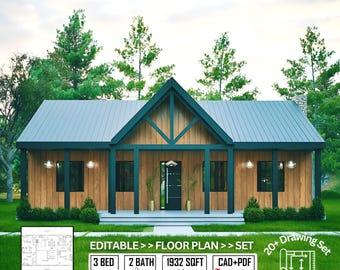 Stylish FarmHouse, 46' x 42' Full Architectural Plan Floor Plans Set (PDF & CAD)