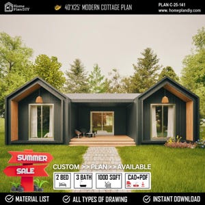 Plattegronden modern huisje 40 x 25, prefab huisjes met houten frame, architectonische plattegronden, ranchhuis | 1000 vierkante voet| 2 slaapkamers, 3 badkamers | CAD+Pdf-bestand