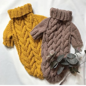 Hand-Knitted dog sweater, Jumper for small dog, Custom dog sweater with braids, mustard dog cloth