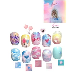 Taytay handmade press on nails, swifties nail art design, lover aesthetic nails press on, trendy taytay pop star handmade nails
