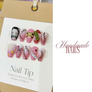 Uñas postizas hechas a mano de chica demonio japonesa, arte de uñas de fantasía oscura de anime de bambú, uñas postizas espeluznantes Y2K, diseño de uñas hecho a mano