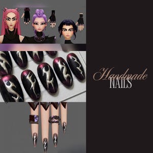 Dark anime handmade press on nails, demon hunter press on nails, kpop nail art style, gothic y2k nails press on handmade
