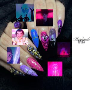 Uñas postizas Demon Hunter, uñas postizas góticas vanguardistas hechas a mano, uñas postizas cosplay Y2K, uñas postizas hechas a mano con arte demoníaco