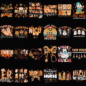 Pode incluir: Uma coleção de designs com tema de outono com texto e gráficos. Os designs incluem frases como "Nurse", "Fall Vibes" e "Spooky Nurse". Os gráficos incluem abóboras, folhas, estetoscópios e personagens de desenhos animados. A paleta de cores é dominada por laranja, marrom e preto.