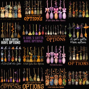 Könnte beinhalten: Digitale Illustrationen von Hexenbesen mit Schleifen, Hüten und Herbstblättern. Der Satz "A Girl's Gotta Have Options" wird in verschiedenen Stilen und Farben angezeigt, ideal für Halloween-Designs und -Bastelarbeiten.