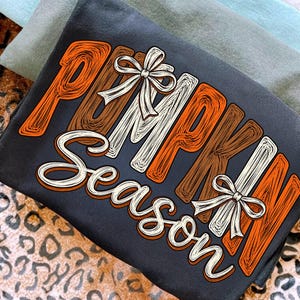 Pode incluir: Uma t-shirt cinzenta escura com o texto PUMPKIN SEASON numa fonte estilizada desenhada à mão. As letras alternam entre as cores laranja, castanho e branco com uma textura de esboço. Dois laços decorativos brancos estão integrados no design.