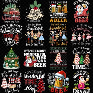 Pode incluir: Uma coleção de designs com tema de Natal com texto. Os designs incluem um caminhão vermelho carregando uma árvore de Natal, um sino, o Papai Noel com cerveja e árvores de Natal. O texto inclui "Wonderful Time of the Year" e "Wonderful Time for a Beer."
