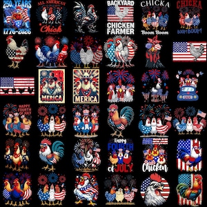Pode incluir: Uma coleção de designs patrióticos com galinhas, galos e a bandeira americana em vermelho, branco e azul. Os textos incluem "250 Years", "All American Chick", "Backyard Chicken Farmer" e "Happy Fourth of July". Adequado para temas patrióticos.