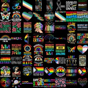 Pode incluir: Uma coleção de designs gráficos coloridos e arte baseada em texto, promovendo temas de orgulho da deficiência, direitos LGBTQ+ e inclusão. Os designs apresentam arco-íris, corações e vários slogans em um fundo preto.