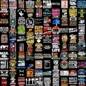 May include: A collection of various postal worker-themed designs on a black background. The designs include text, illustrations, and patriotic elements like the American flag. The overall theme is related to postal service.
