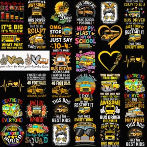 Pode incluir: Uma coleção de designs gráficos com ônibus escolares amarelos, texto e várias frases. Os designs incluem "Bus Driver Life", "Happy Last Day of School" e "Bus Driver Looks Like". Os designs estão em um fundo preto.