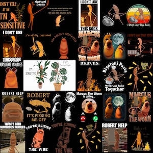 May include: A collage of digital art featuring various cartoon characters and text. The images include phrases like "I'm Sensitive," "Rigatoni Pasta," and "The Worm Marcus." The artwork has a dark background.