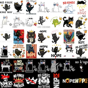 Pode incluir: Uma coleção de gráficos com tema de gato com vários designs. As imagens apresentam gatos usando óculos de sol, coroas e temas patrióticos. O texto inclui "NO KINGS", "NOPE" e "JUST KITTENS."