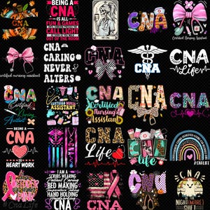 Pode incluir: Uma coleção de designs com o tema CNA (Assistente de Enfermagem Certificado). As imagens apresentam texto, laços, símbolos médicos e gráficos temáticos de Halloween. A paleta de cores inclui rosa, preto e branco, com alguns designs incorporando estampa de leopardo.