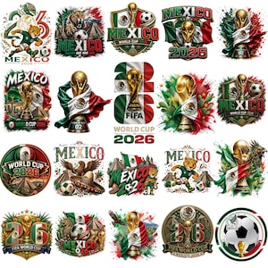May include: A collection of twenty graphic designs featuring the FIFA World Cup 2026 in Mexico. The images include the gold trophy, the Mexican flag, soccer balls, jaguars, eagles, sombreros, and ancient pyramids with the text Mexico 2026.