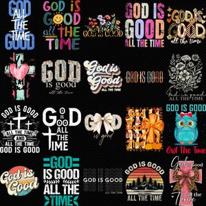 Pode incluir: Uma coleção de designs gráficos com a frase "Deus é Bom" em várias fontes e estilos. Os designs incluem cruzes, flores, uma coruja e cenas de pôr do sol, tudo em um fundo preto.