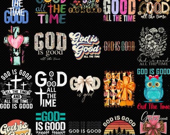 May include: A collection of graphic designs with the phrase "God is Good" in various fonts and styles. Designs include crosses, flowers, an owl, and sunset scenes, all on a black background.