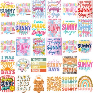 Pode incluir: Uma coleção de designs gráficos coloridos com as frases "I was made for happy sunny days" e "Sunny Days Ahead". Os designs apresentam várias fontes, sóis, flores e elementos de praia, perfeitos para o verão.