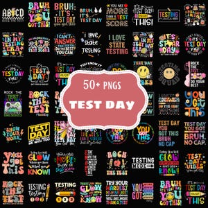 Pode incluir: Uma coleção de mais de 50 gráficos PNG com várias frases e designs relacionados a "Test Day". As imagens apresentam texto colorido, emojis e citações motivacionais em um fundo preto, perfeitas para projetos digitais.