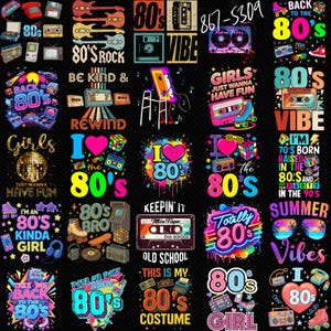 Pode incluir: Uma colagem de gráficos e texto coloridos com o tema dos anos 80 em um fundo preto. Os designs incluem cassetes, boomboxes, guitarras, patins e as frases "80's Rock", "Totally 80's" e "Back to the 80's". A imagem evoca uma vibe retrô.