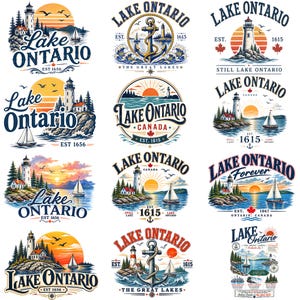Könnte beinhalten: Eine Sammlung von zwölf Grafikdesigns mit dem Lake Ontario, Leuchttürmen, Segelbooten, Ankern und Sonnenuntergängen. Jedes Design enthält den Text Lake Ontario, verschiedene Gründungsdaten wie 1615 oder 1656 und kleine rote Ahornblatt-Symbole.
