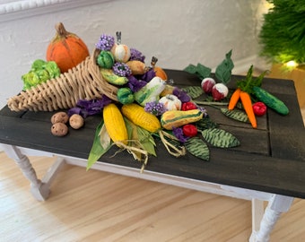 Handmade Dollhouse Harvest Table, Cornucopia, Prep Table, 1:12, Pumpkins, Gourds, Corn, Vegetables, Thanksgiving