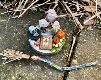 Haunted Dollhouse Apothecary Set with Witches Broom, 1:12, Artisan Made, Signed