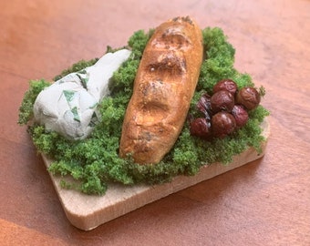 Dollhouse Cheese and Bread Board with Grapes, Artist Made, 1:12 Scale