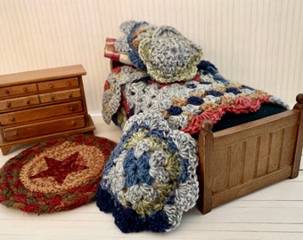 Vintage Dollhouse Twin Bed, with Trundle, Hand Crocheted Bedding, Woven Rug, Chest, 1:12