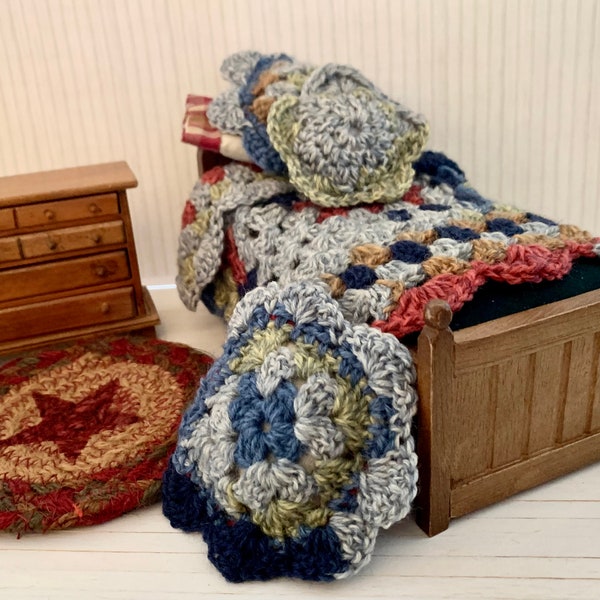 Vintage Dollhouse Twin Bed, with Trundle, Hand Crocheted Bedding, Woven Rug, Chest, 1:12