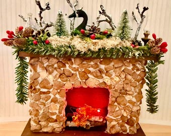 Dollhouse Christmas Fireplace, Stone, Vintage and Hand Curated, 1:12 Scale, Rustic, Primitive