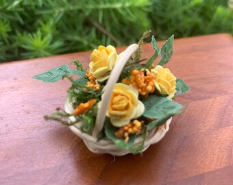 Dollhouse Basket of Roses in Yellow with Orange Accents, 1:12, Artisan Crafted