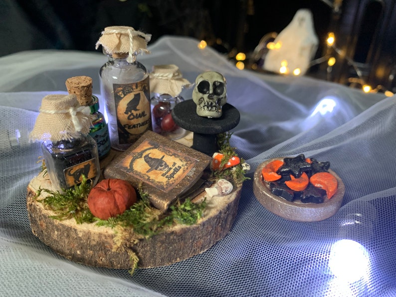 Handmade Dollhouse Witch Apothecary Table, 1:12, Halloween, Haunted Dollhouse image 3