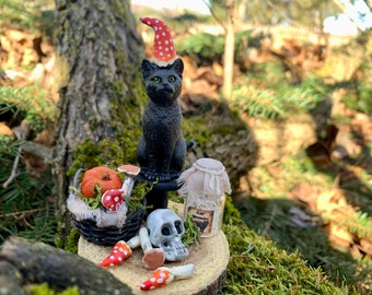 Handmade Miniature, Haunted Dollhouse, Apothcary Set with Black Cat, Mushrooms, 1:12 Scale, Artisan Made