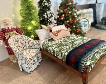 Dressed Vintage Dollhouse Bed & Vintage Chair, Handmade and Curated, 1:12 Scale, Winter, Christmas