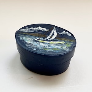 Dollhouse Wooden Pantry Box, Hat Box, Hand Painted, Sailboat, Nautical, Navy Blue, Folk Art
