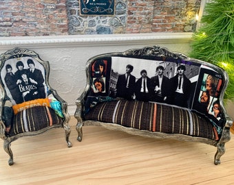 Handmade Dollhouse Sofa, Chair Covered in Beatles Fabric, Signed, 1:12