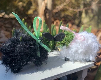 Miniature Wooly Lambs, Black and White, Pair, Pink and Green Bows, 1:12, Artisan Crafted, With Bells