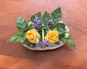 Dollhouse Basket with Yellow Roses and Purple Accents, 1:12, Artisan Crafted