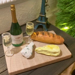 Artisan Made Dollhouse Bread and Cheese Board, Champagne and Glasses, 1:12, Signed