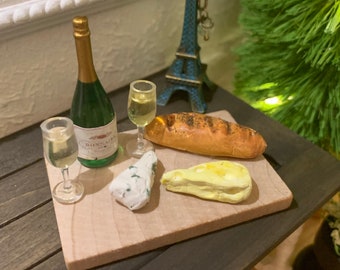 Artisan Made Dollhouse Bread and Cheese Board, Champagne and Glasses, 1:12, Signed